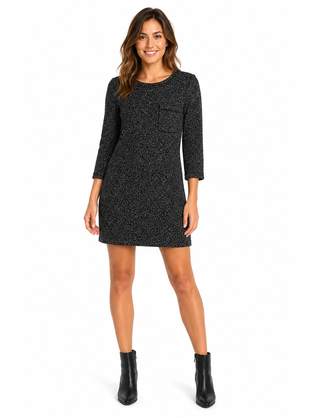 Gap Women’s XS Sweater Dress Black White Herringbone 3/4 Sleeve Lined Pocket